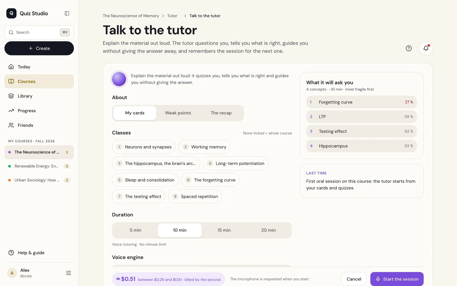 The “Talk to the tutor” screen: the topic, the classes and the length of a voice session.