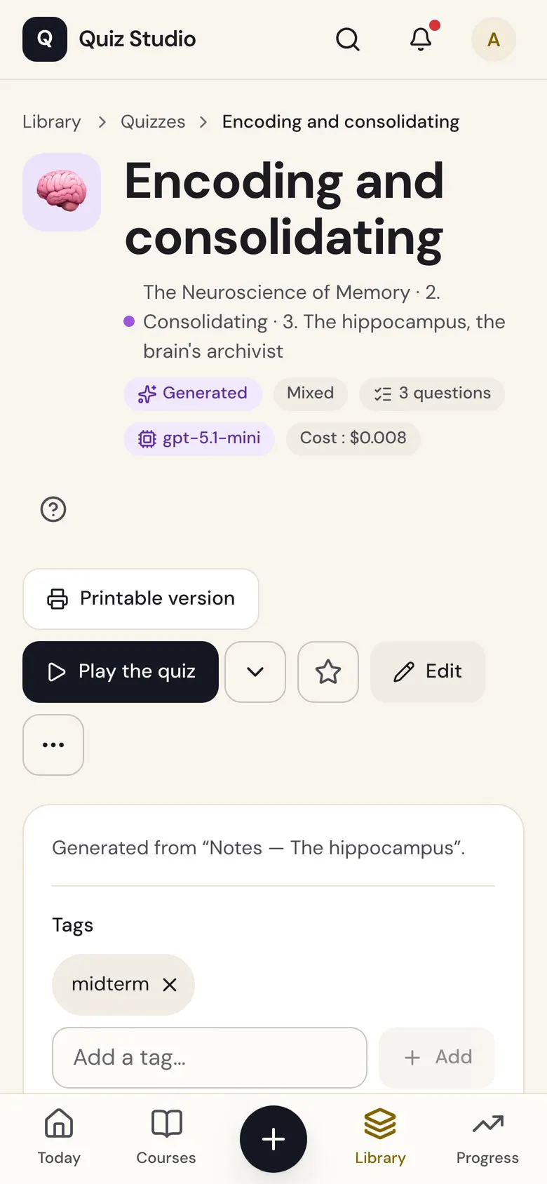 A quiz page on a phone: take the quiz, printable version, tags.