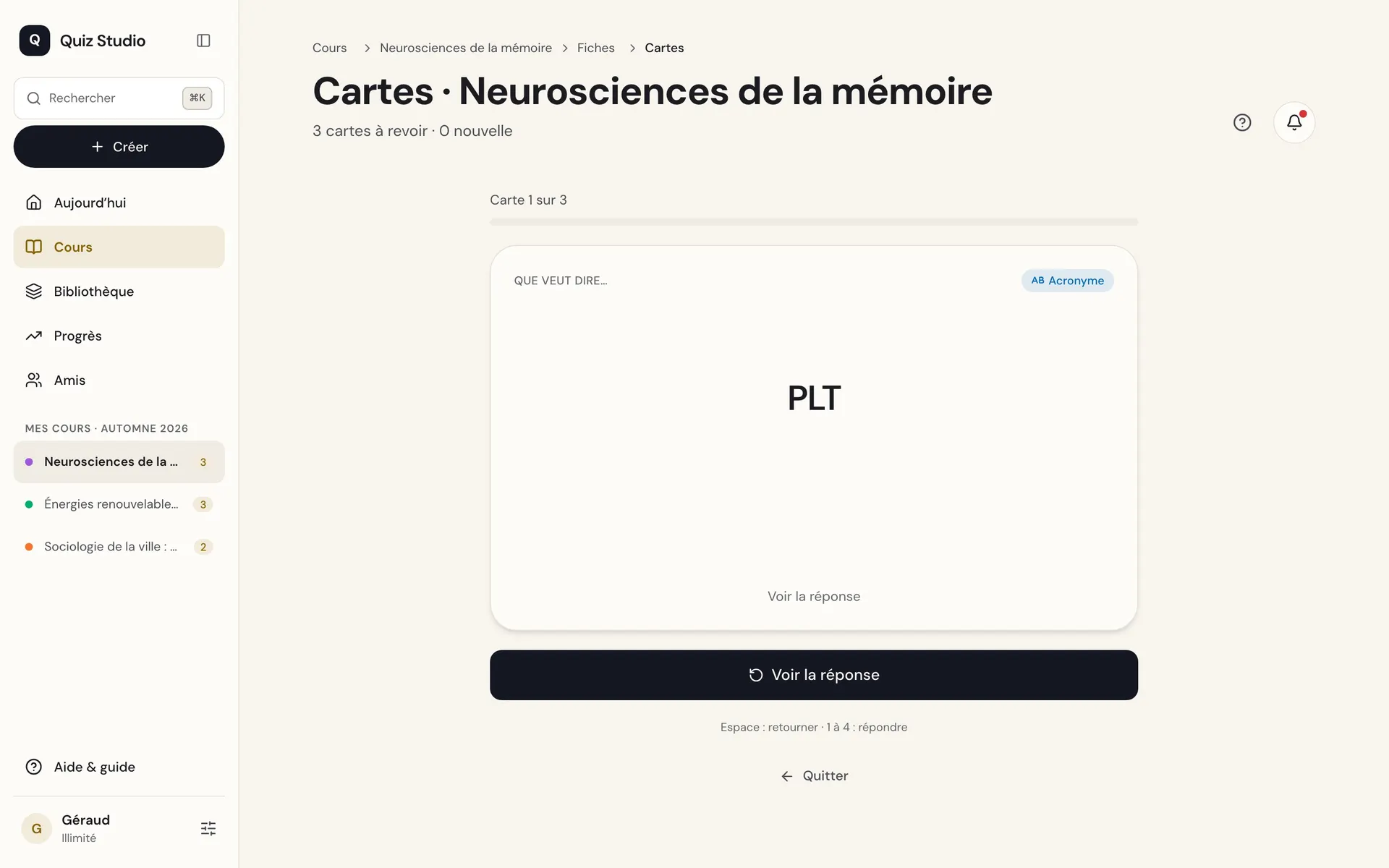 Une séance de cartes sur ordinateur : le recto d’une fiche, avant de voir la réponse.