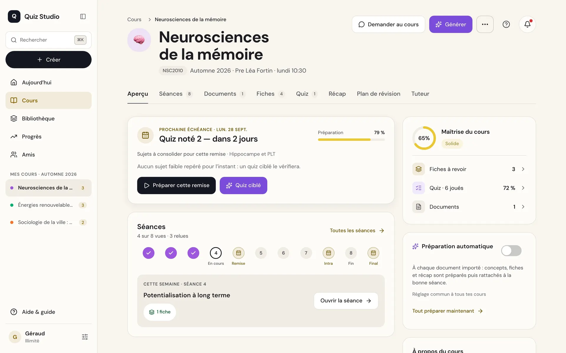 La page d’un cours dans Quiz Studio : la prochaine échéance, les séances et la maîtrise du cours.