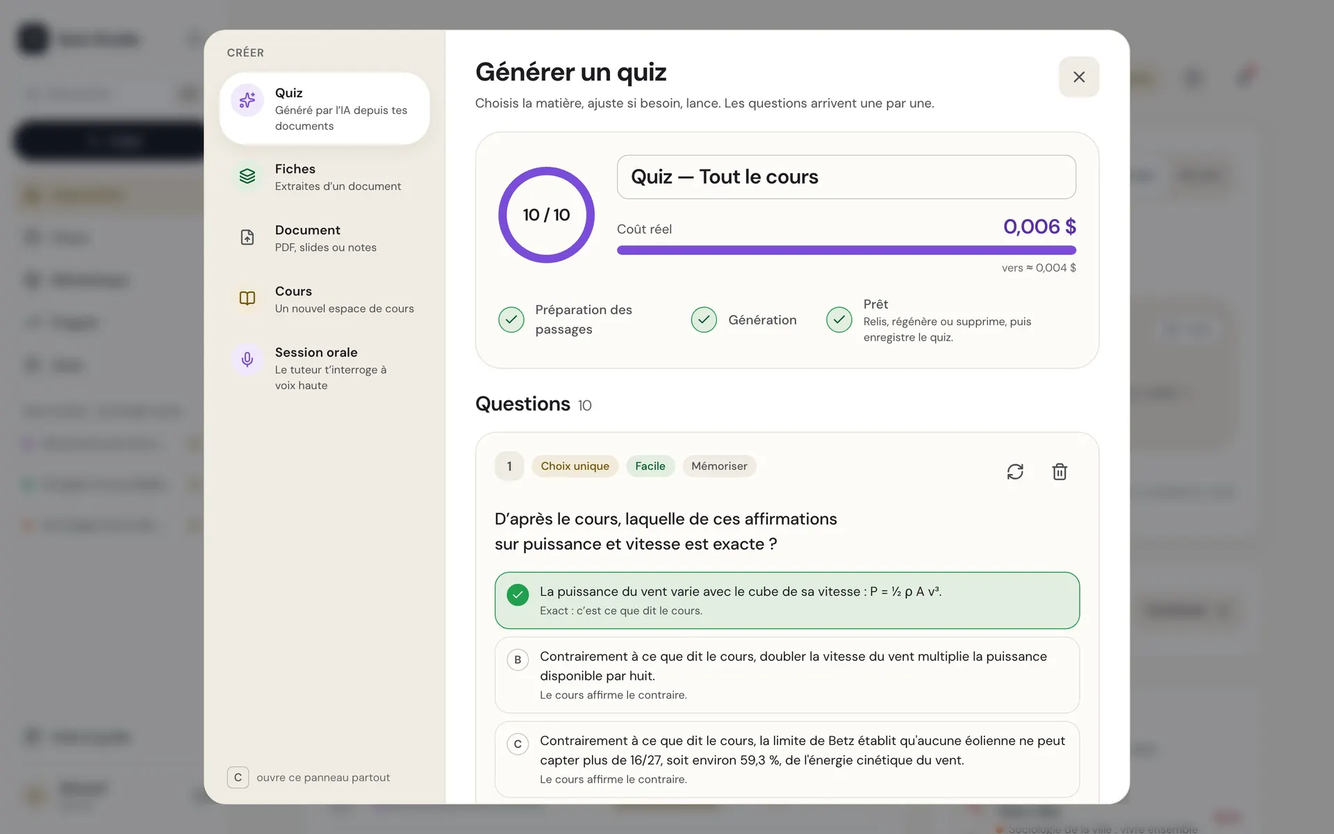 La fenêtre « Générer un quiz » de Quiz Studio : les questions arrivent une par une.