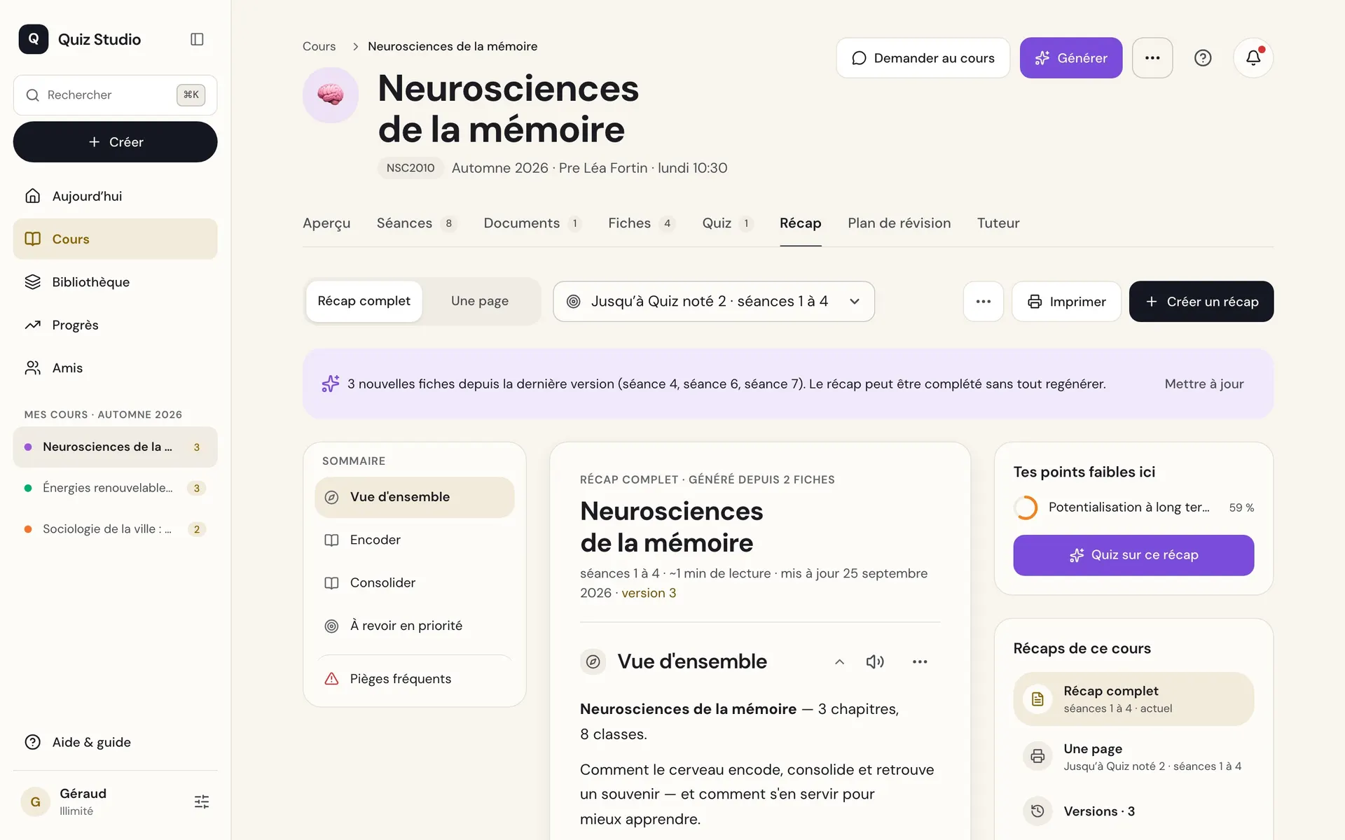 Quiz Studio sur ordinateur : le récap d’un cours, avec son sommaire et les points faibles à revoir.