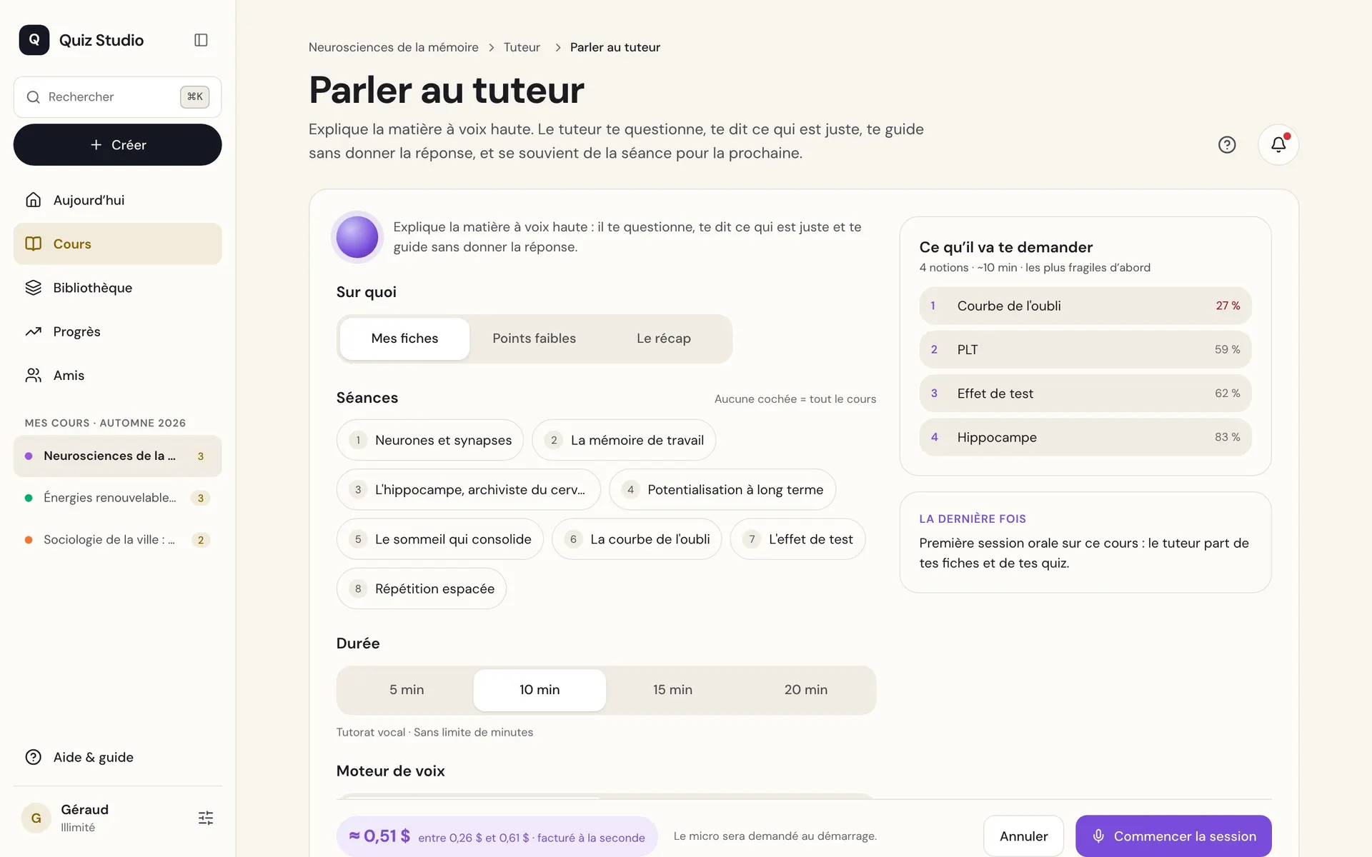 L’écran « Parler au tuteur » : le sujet, les séances et la durée d’une séance orale.
