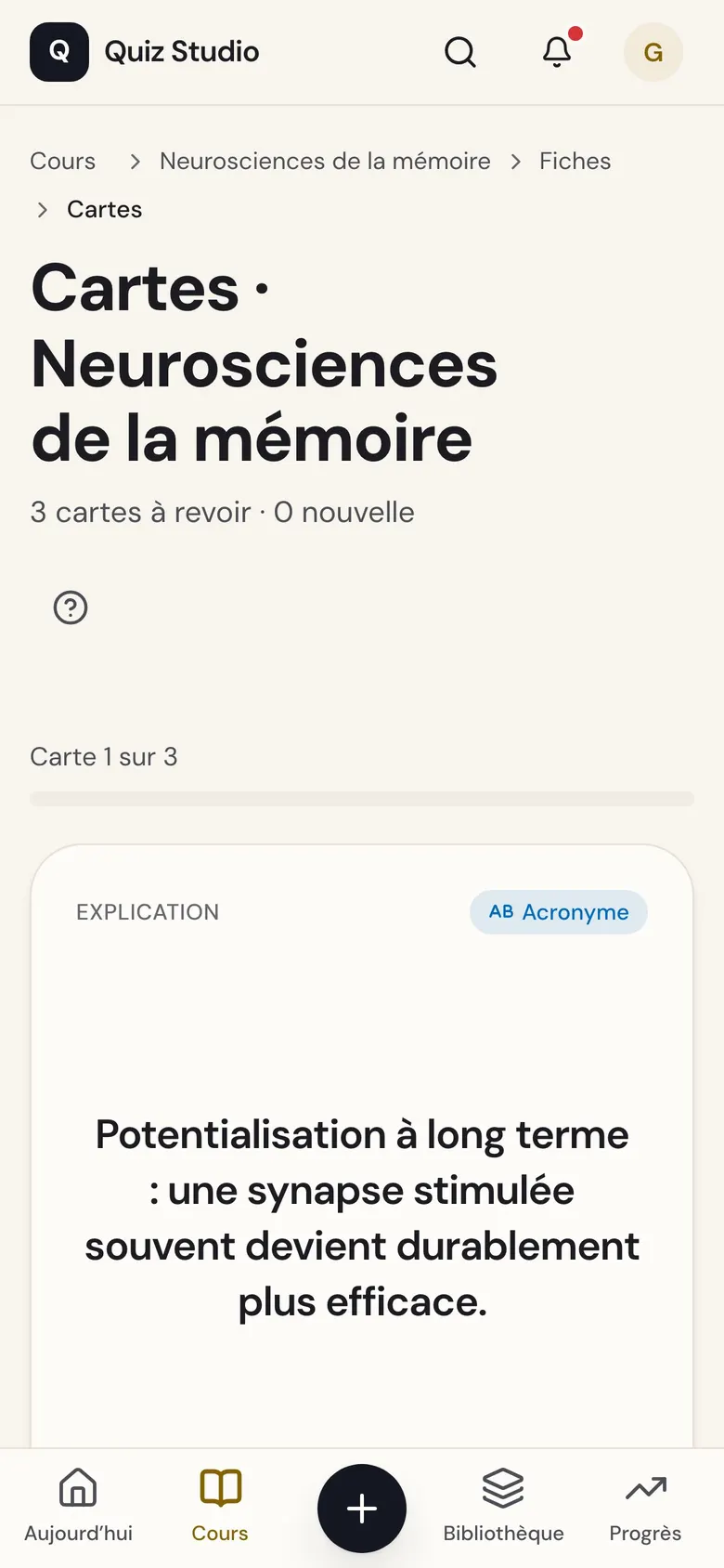 Quiz Studio sur téléphone : le verso d’une fiche, avec son explication.