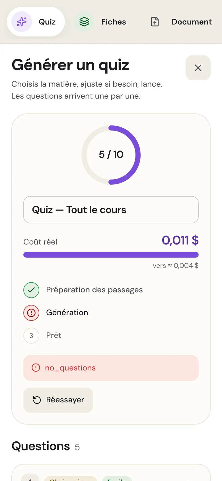 Le même écran sur téléphone : l’avancement de la génération, étape par étape.