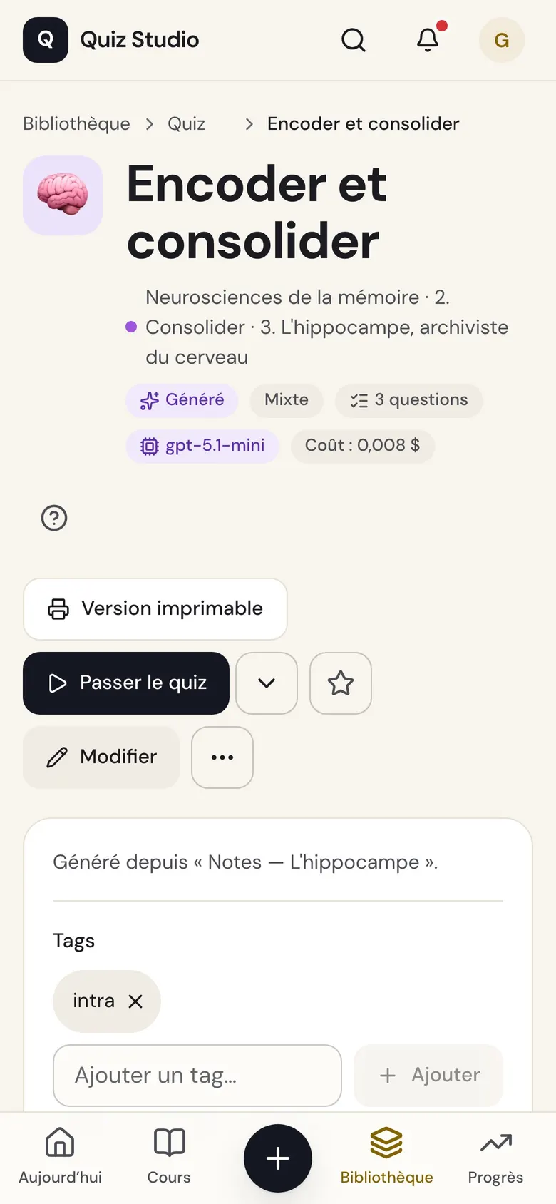 La page d’un quiz sur téléphone : passer le quiz, version imprimable, tags.