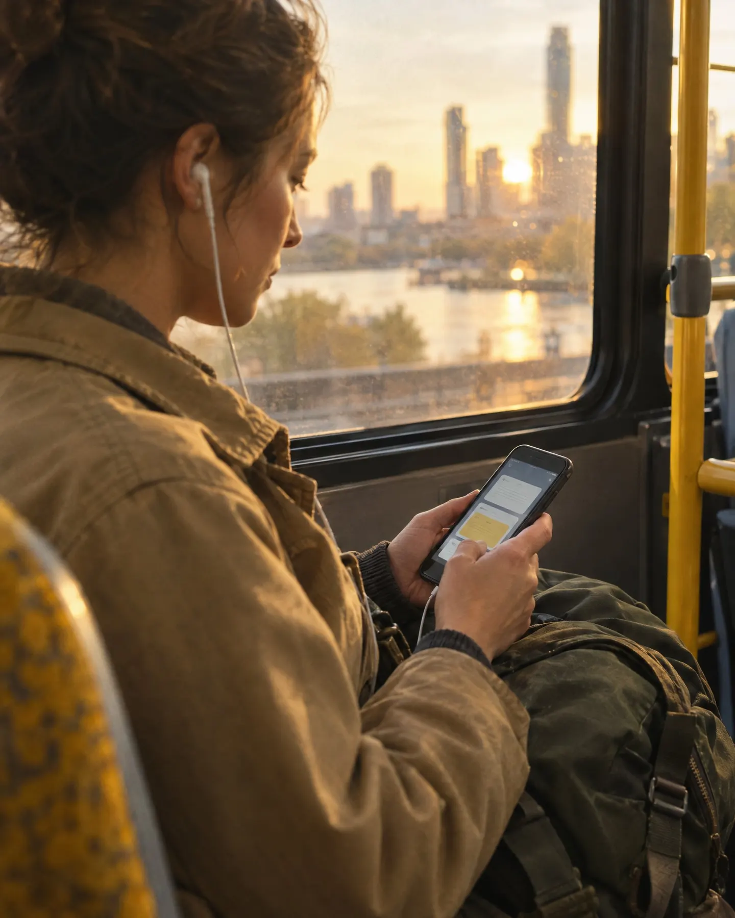Dans l’autobus, écouteurs aux oreilles, une personne regarde son téléphone ; la ville au coucher du soleil défile derrière la vitre.