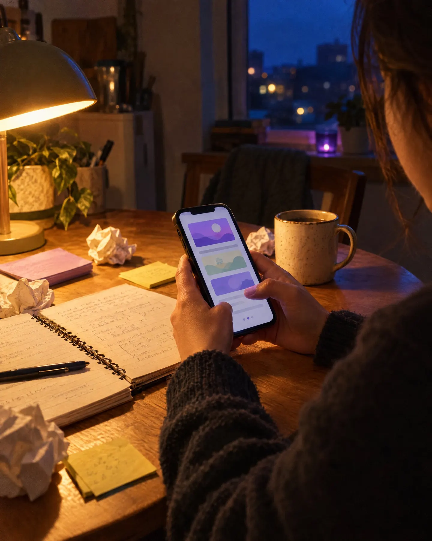 Le soir, sous une lampe, des mains tiennent un téléphone au-dessus d’un cahier ouvert, entre une tasse et des feuilles froissées.