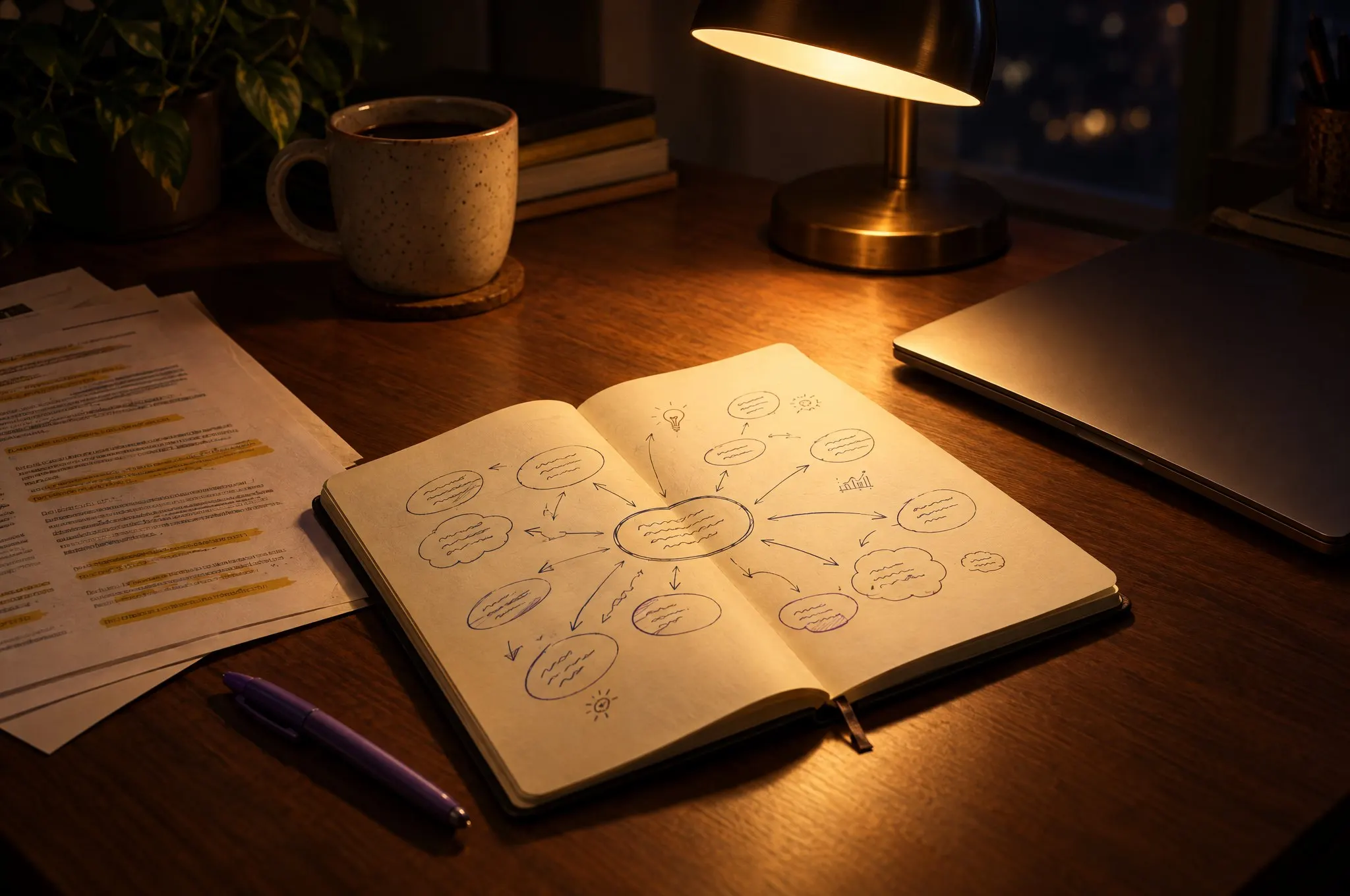 Un bureau le soir, sous une lampe : un carnet ouvert sur une carte mentale dessinée à la main, des notes surlignées, une tasse.